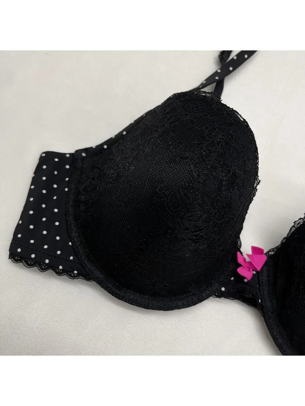 Y2K La Senza Black White Polka Dot Laced Bra With Pink Bow Sz 36B Scene Goth - Picture 2 of 9